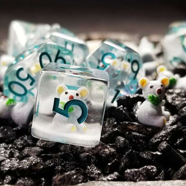 Sage's Familiars- Baby Koala Resin Polyhedral Dice Set - Sage's PortalResin Dice + Figurine Set