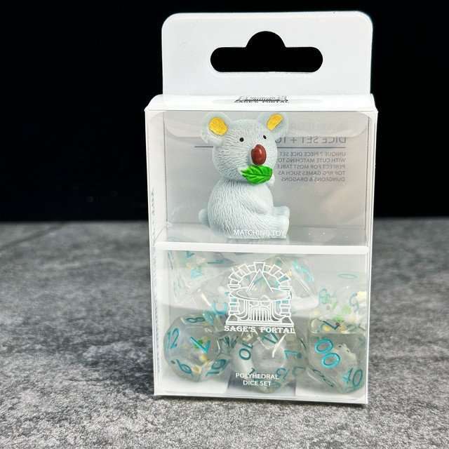 Sage's Familiars- Baby Koala Resin Polyhedral Dice Set - Sage's PortalResin Dice + Figurine Set