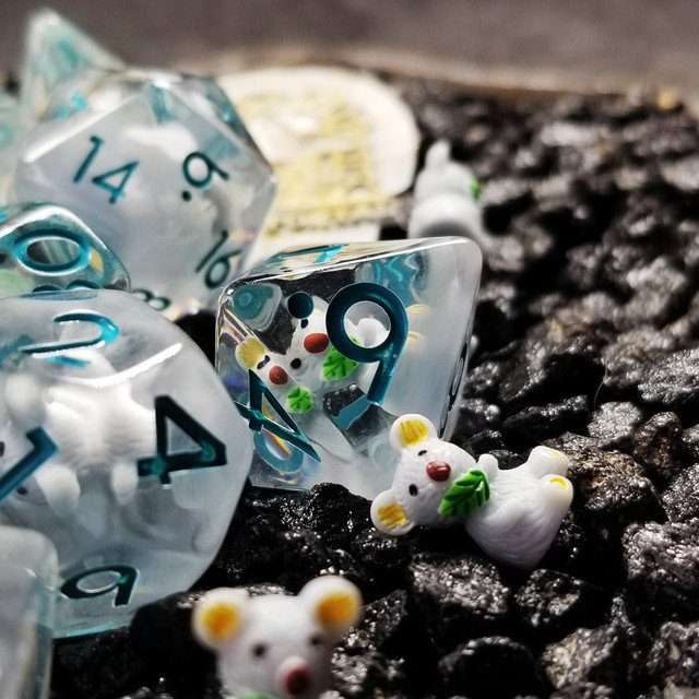 Sage's Familiars- Baby Koala Resin Polyhedral Dice Set - Sage's PortalResin Dice + Figurine Set