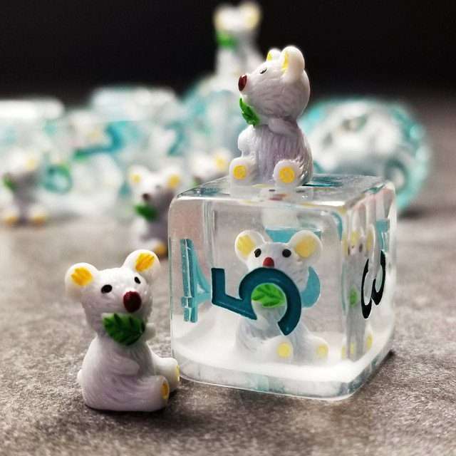 Sage's Familiars- Baby Koala Resin Polyhedral Dice Set - Sage's PortalResin Dice + Figurine Set