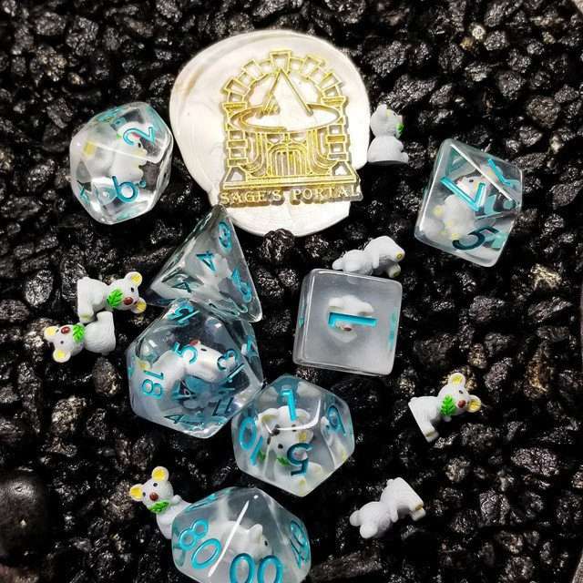Sage's Familiars- Baby Koala Resin Polyhedral Dice Set - Sage's PortalResin Dice + Figurine Set