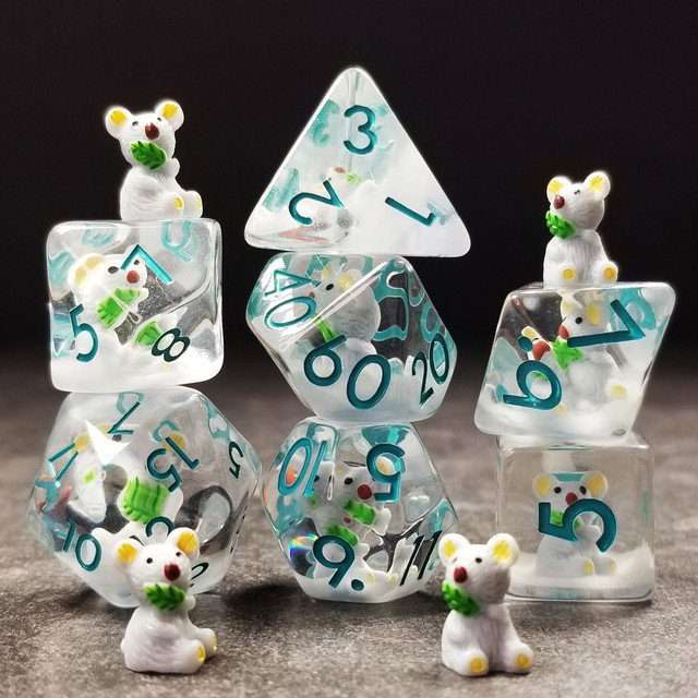 Sage's Familiars- Baby Koala Resin Polyhedral Dice Set - Sage's PortalResin Dice + Figurine Set