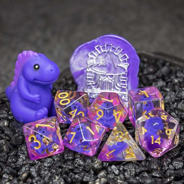 Sage's Familiars - Baby Purple Dragon Resin Polyhedral Dice Set - Sage's PortalResin Dice Set