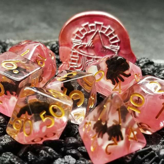 Sage's Familiars - Black Spiderling in Blood Resin Polyhedral Dice Set - Sage's PortalResin Dice Set