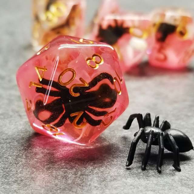 Sage's Familiars - Black Spiderling in Blood Resin Polyhedral Dice Set - Sage's PortalResin Dice Set