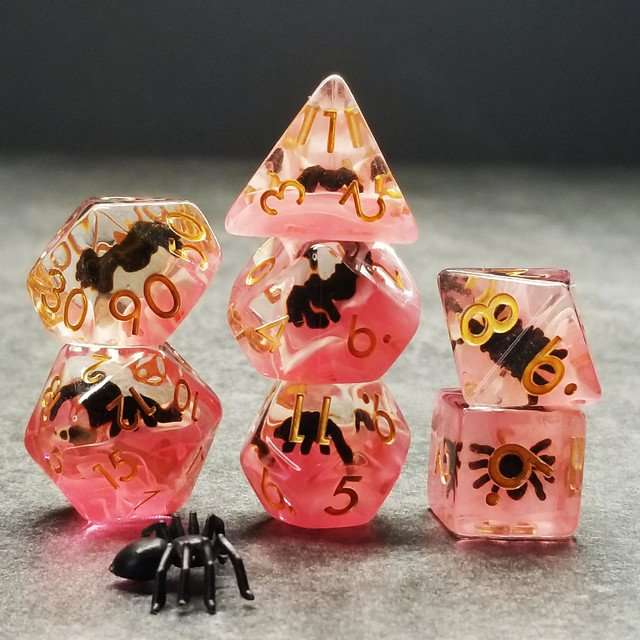 Sage's Familiars - Black Spiderling in Blood Resin Polyhedral Dice Set - Sage's PortalResin Dice Set