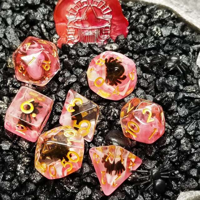 Sage's Familiars - Black Spiderling in Blood Resin Polyhedral Dice Set - Sage's PortalResin Dice Set