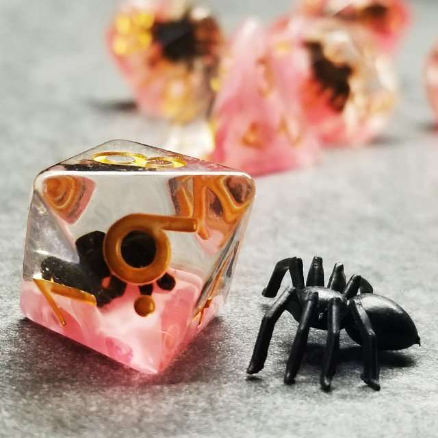 Sage's Familiars - Black Spiderling in Blood Resin Polyhedral Dice Set - Sage's PortalResin Dice Set