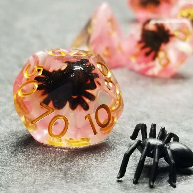 Sage's Familiars - Black Spiderling in Blood Resin Polyhedral Dice Set - Sage's PortalResin Dice Set