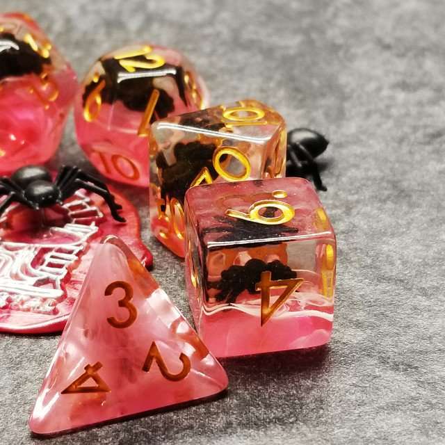 Sage's Familiars - Black Spiderling in Blood Resin Polyhedral Dice Set - Sage's PortalResin Dice Set