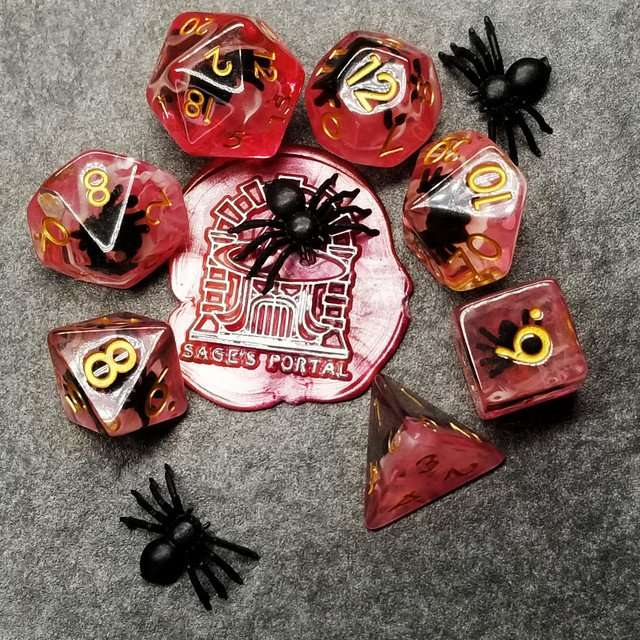 Sage's Familiars - Black Spiderling in Blood Resin Polyhedral Dice Set - Sage's PortalResin Dice Set