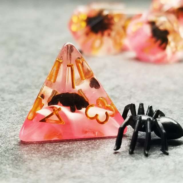 Sage's Familiars - Black Spiderling in Blood Resin Polyhedral Dice Set - Sage's PortalResin Dice Set