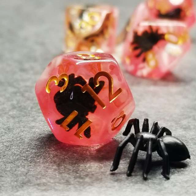 Sage's Familiars - Black Spiderling in Blood Resin Polyhedral Dice Set - Sage's PortalResin Dice Set