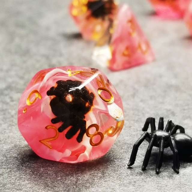 Sage's Familiars - Black Spiderling in Blood Resin Polyhedral Dice Set - Sage's PortalResin Dice Set