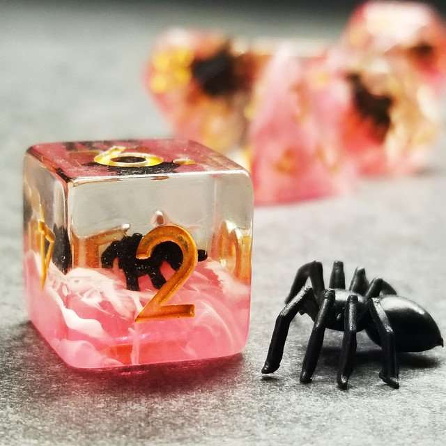 Sage's Familiars - Black Spiderling in Blood Resin Polyhedral Dice Set - Sage's PortalResin Dice Set