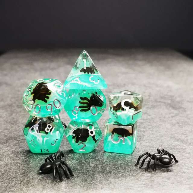 Sage's Familiars - Black Spiderling in Swamp Resin Polyhedral Dice Set - Sage's PortalResin Dice Set