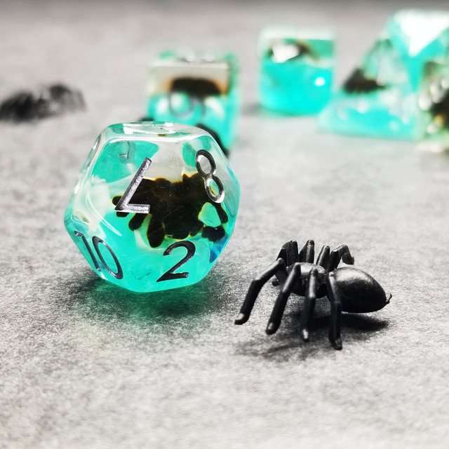 Sage's Familiars - Black Spiderling in Swamp Resin Polyhedral Dice Set - Sage's PortalResin Dice Set