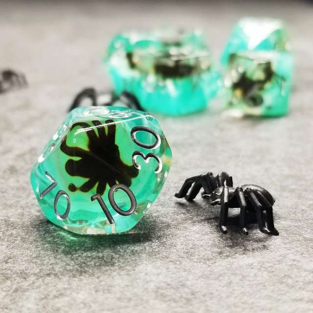 Sage's Familiars - Black Spiderling in Swamp Resin Polyhedral Dice Set - Sage's PortalResin Dice Set