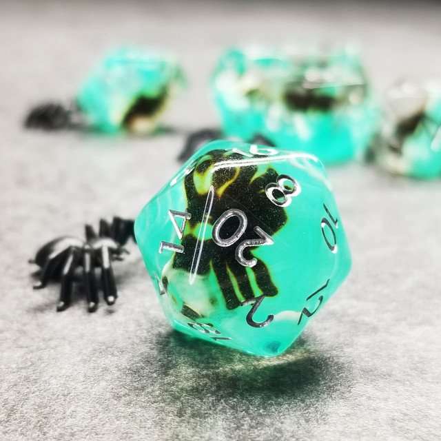 Sage's Familiars - Black Spiderling in Swamp Resin Polyhedral Dice Set - Sage's PortalResin Dice Set