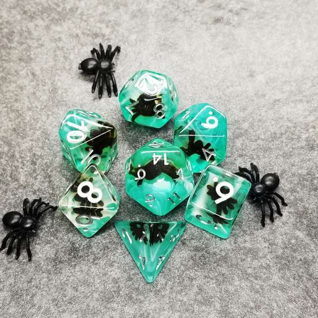 Sage's Familiars - Black Spiderling in Swamp Resin Polyhedral Dice Set - Sage's PortalResin Dice Set