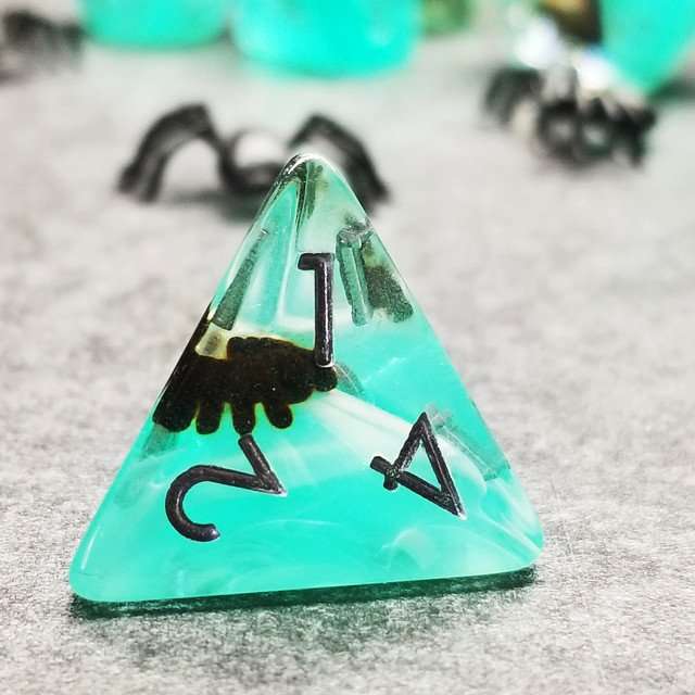 Sage's Familiars - Black Spiderling in Swamp Resin Polyhedral Dice Set - Sage's PortalResin Dice Set