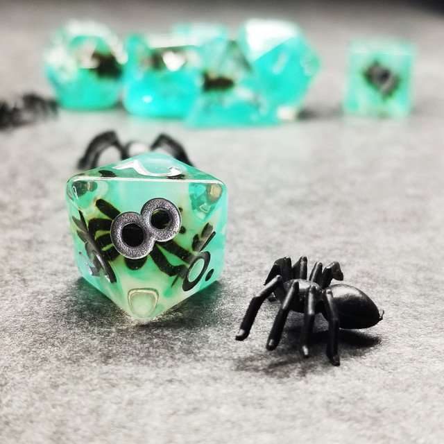 Sage's Familiars - Black Spiderling in Swamp Resin Polyhedral Dice Set - Sage's PortalResin Dice Set