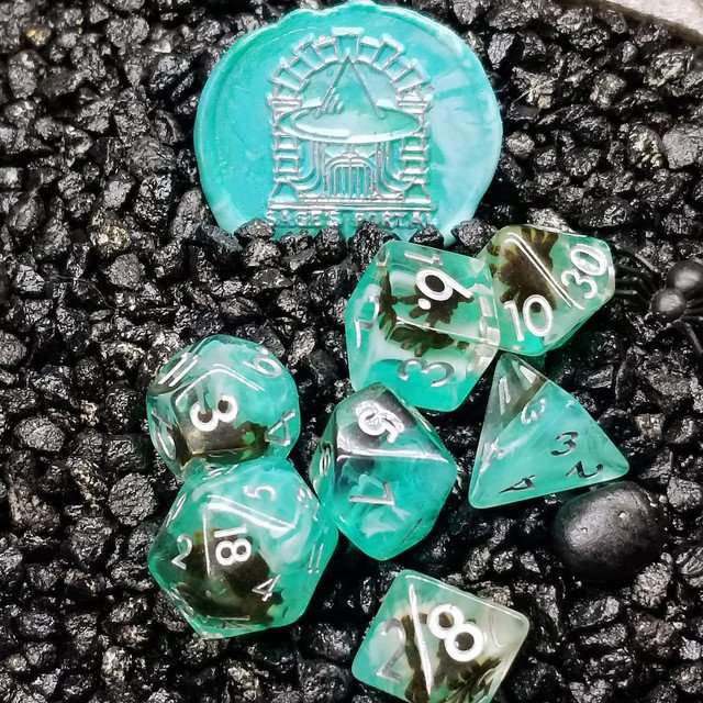 Sage's Familiars - Black Spiderling in Swamp Resin Polyhedral Dice Set - Sage's PortalResin Dice Set