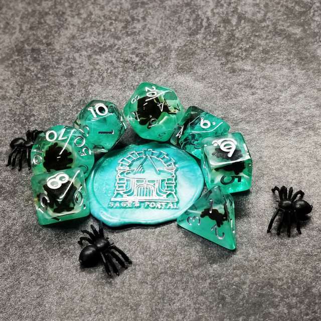 Sage's Familiars - Black Spiderling in Swamp Resin Polyhedral Dice Set - Sage's PortalResin Dice Set