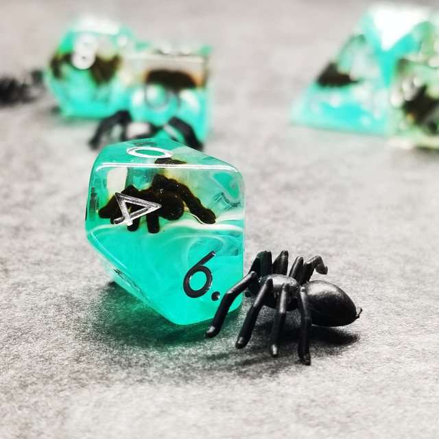 Sage's Familiars - Black Spiderling in Swamp Resin Polyhedral Dice Set - Sage's PortalResin Dice Set