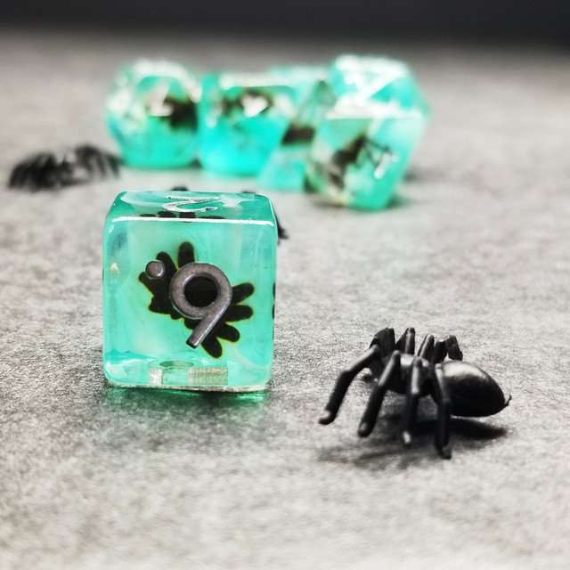Sage's Familiars - Black Spiderling in Swamp Resin Polyhedral Dice Set - Sage's PortalResin Dice Set