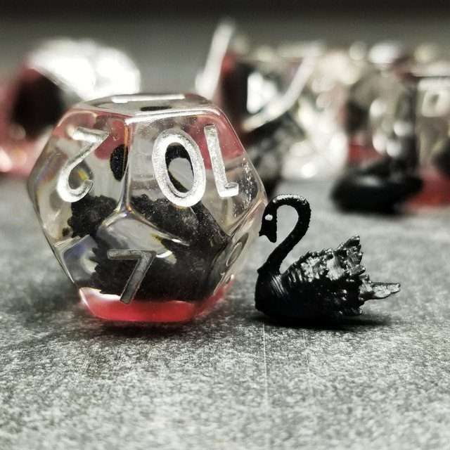 Sage's Familiars- Black Swan Familiar Resin Polyhedral Dice Set - Sage's PortalResin Dice Set