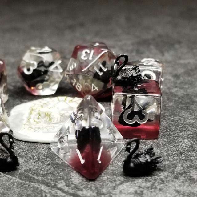 Sage's Familiars- Black Swan Familiar Resin Polyhedral Dice Set - Sage's PortalResin Dice Set