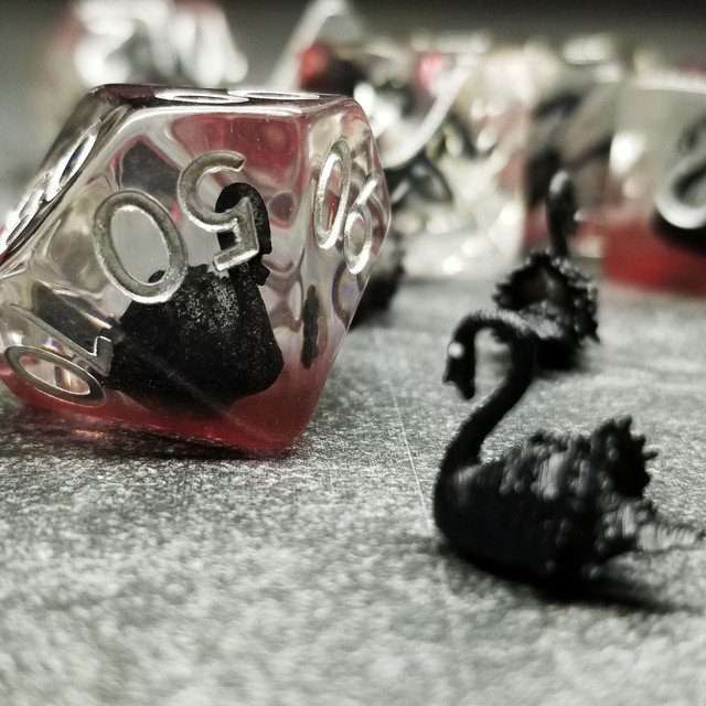 Sage's Familiars- Black Swan Familiar Resin Polyhedral Dice Set - Sage's PortalResin Dice Set