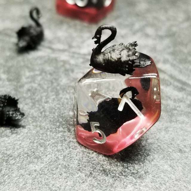 Sage's Familiars- Black Swan Familiar Resin Polyhedral Dice Set - Sage's PortalResin Dice Set