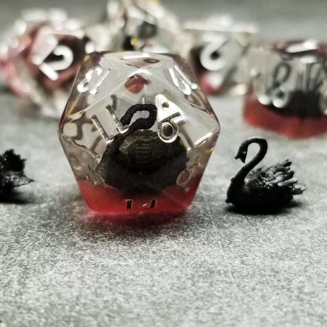Sage's Familiars- Black Swan Familiar Resin Polyhedral Dice Set - Sage's PortalResin Dice Set