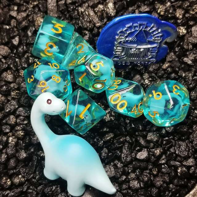 Sage's Familiars - Blue Baby Brachiosaurus Resin Polyhedral Dice Set - Sage's PortalResin Dice + Figurine Set