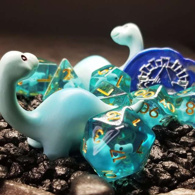 Sage's Familiars - Blue Baby Brachiosaurus Resin Polyhedral Dice Set - Sage's PortalResin Dice + Figurine Set