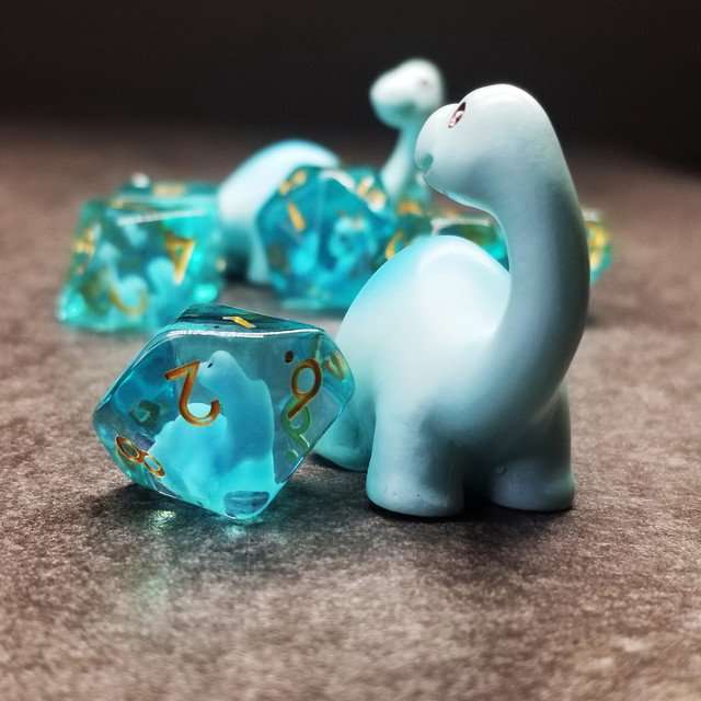 Sage's Familiars - Blue Baby Brachiosaurus Resin Polyhedral Dice Set - Sage's PortalResin Dice + Figurine Set