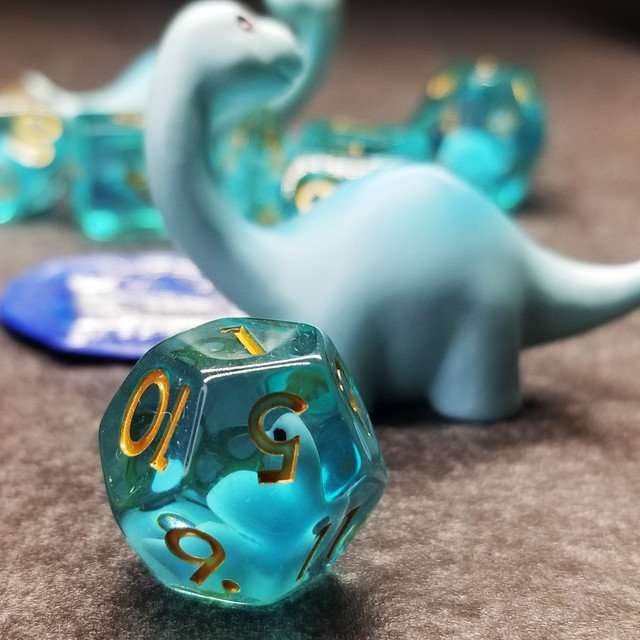 Sage's Familiars - Blue Baby Brachiosaurus Resin Polyhedral Dice Set - Sage's PortalResin Dice + Figurine Set