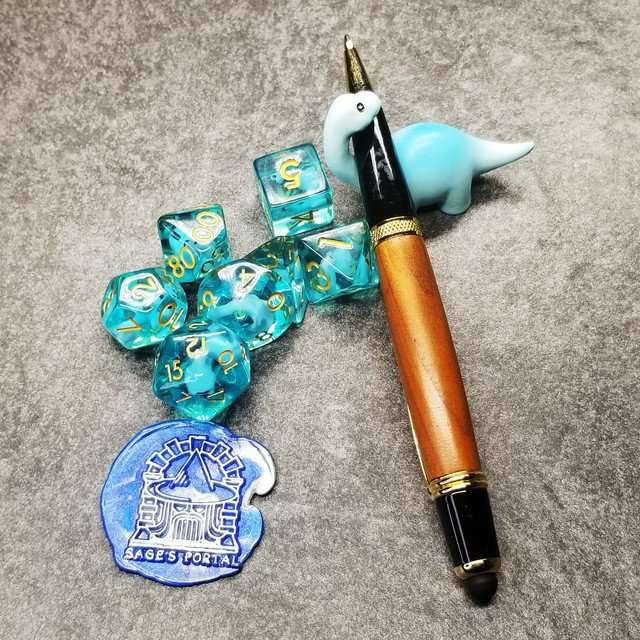 Sage's Familiars - Blue Baby Brachiosaurus Resin Polyhedral Dice Set - Sage's PortalResin Dice + Figurine Set