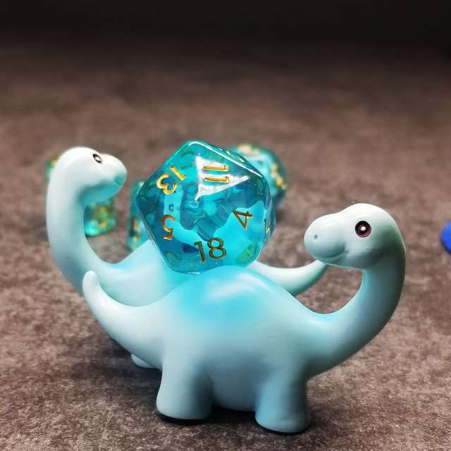 Sage's Familiars - Blue Baby Brachiosaurus Resin Polyhedral Dice Set - Sage's PortalResin Dice + Figurine Set