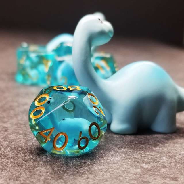 Sage's Familiars - Blue Baby Brachiosaurus Resin Polyhedral Dice Set - Sage's PortalResin Dice + Figurine Set