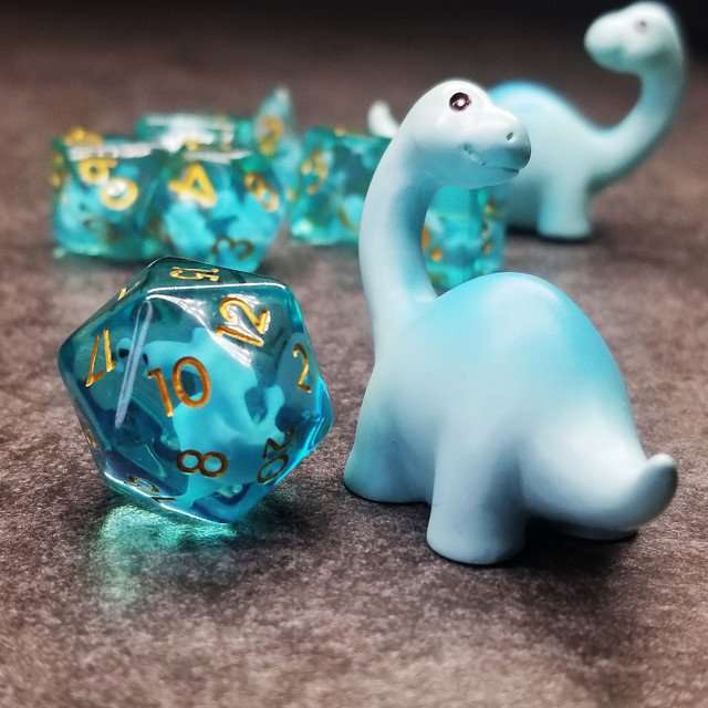 Sage's Familiars - Blue Baby Brachiosaurus Resin Polyhedral Dice Set - Sage's PortalResin Dice + Figurine Set