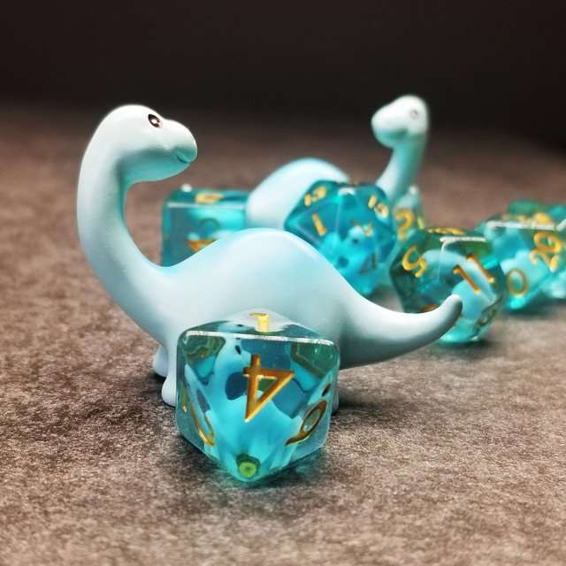 Sage's Familiars - Blue Baby Brachiosaurus Resin Polyhedral Dice Set - Sage's PortalResin Dice + Figurine Set
