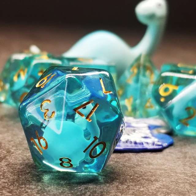 Sage's Familiars - Blue Baby Brachiosaurus Resin Polyhedral Dice Set - Sage's PortalResin Dice + Figurine Set