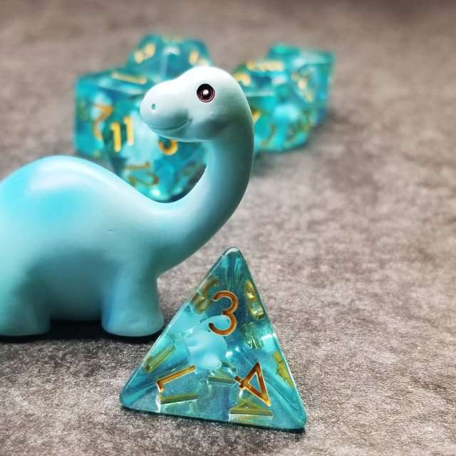Sage's Familiars - Blue Baby Brachiosaurus Resin Polyhedral Dice Set - Sage's PortalResin Dice + Figurine Set