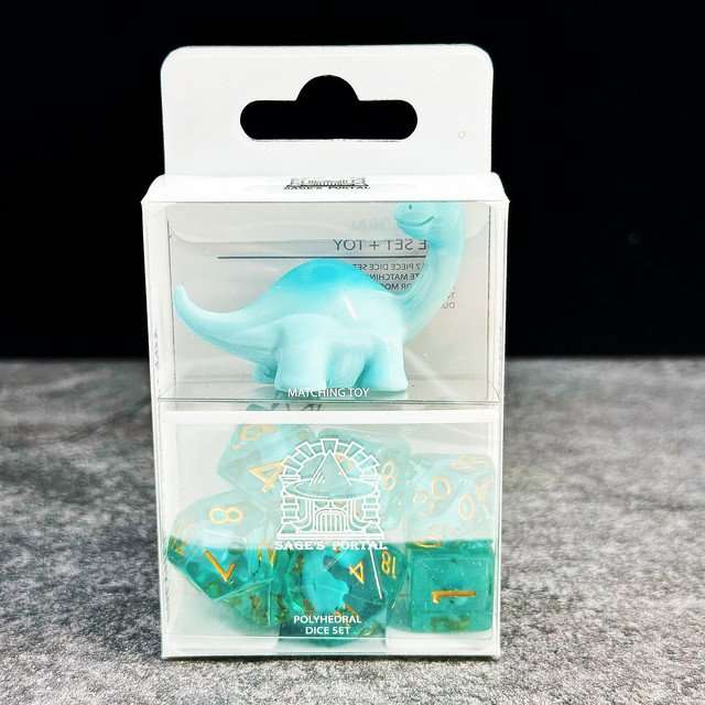 Sage's Familiars - Blue Baby Brachiosaurus Resin Polyhedral Dice Set - Sage's PortalResin Dice + Figurine Set
