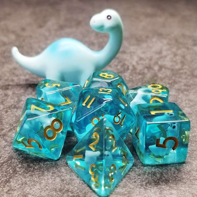 Sage's Familiars - Blue Baby Brachiosaurus Resin Polyhedral Dice Set - Sage's PortalResin Dice + Figurine Set