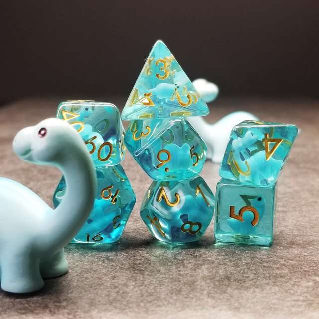 Sage's Familiars - Blue Baby Brachiosaurus Resin Polyhedral Dice Set - Sage's PortalResin Dice + Figurine Set