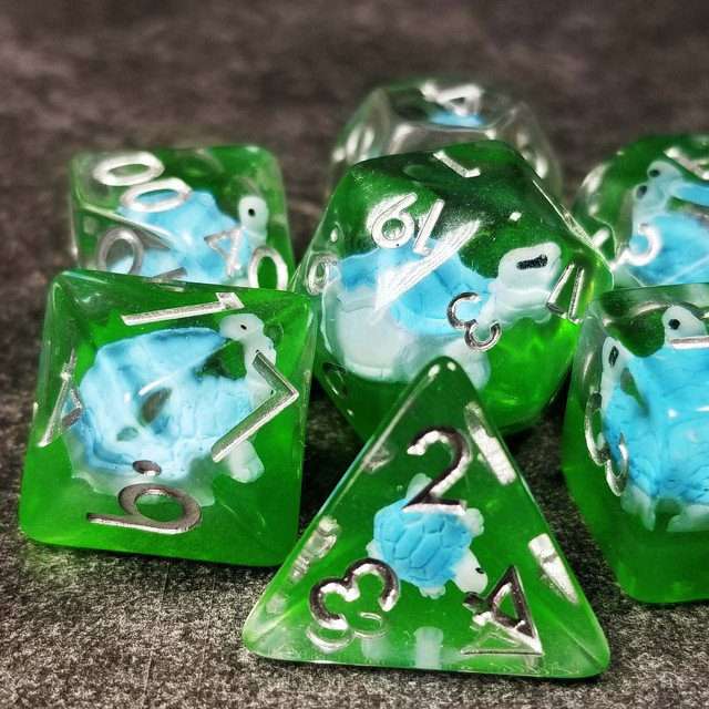 Sage's Familiars- Blue Baby Turtle Familiar Resin Polyhedral Dice Set - Sage's PortalResin Dice Set